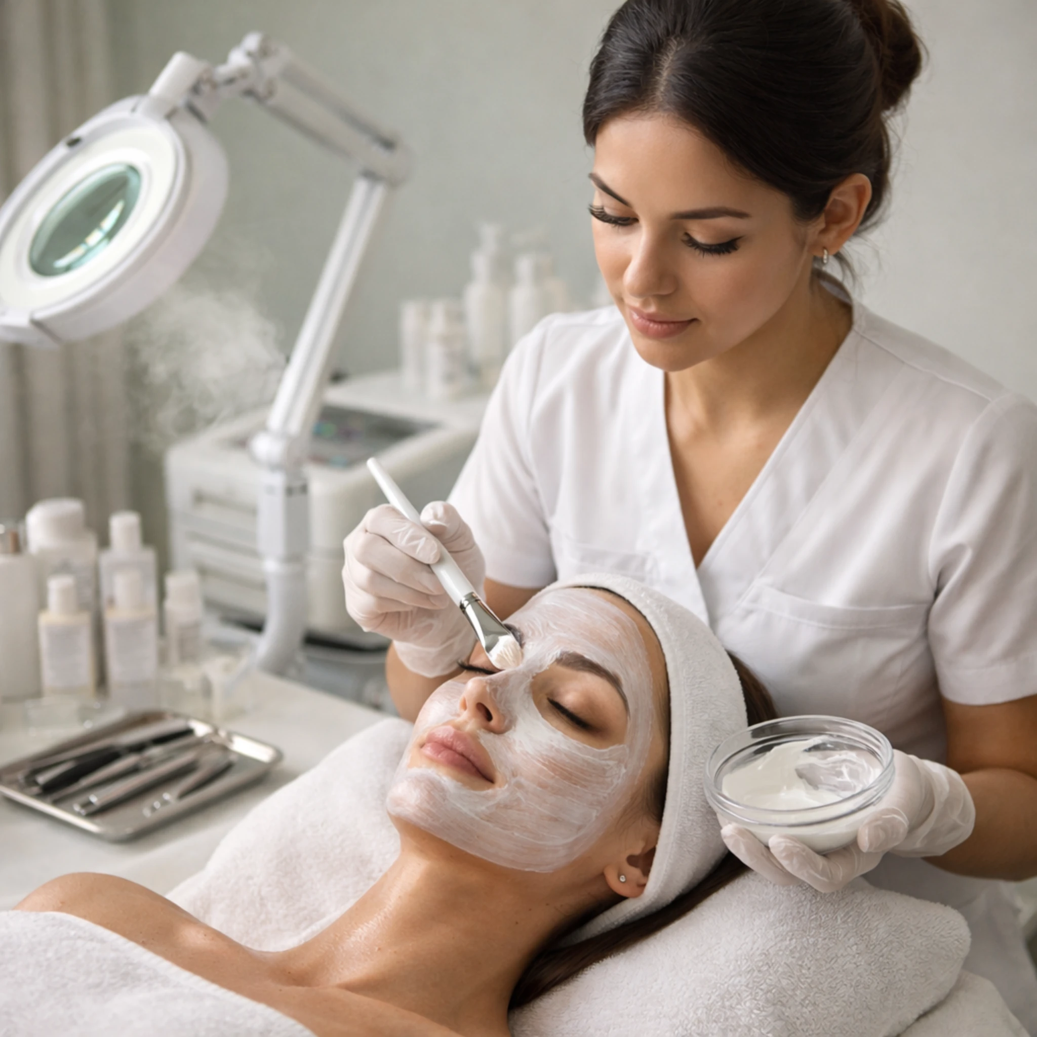 Estudiantes de Colegiatura Latinoamericana practicando técnicas de cosmetología y estética integral en laboratorio profesional