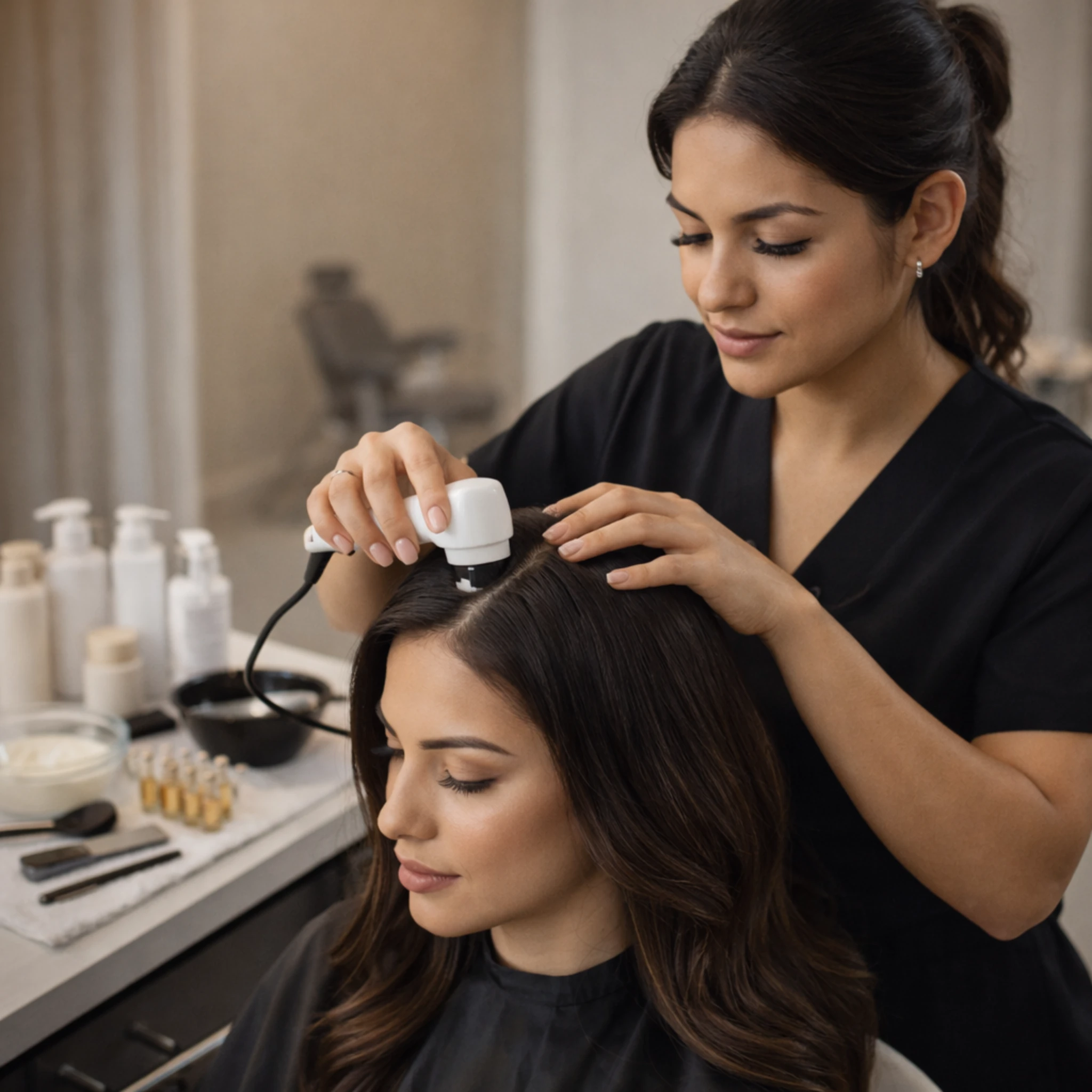 Técnico Laboral en Cuidado Capilar — Estilista realizando diagnóstico y tratamiento capilar profesional