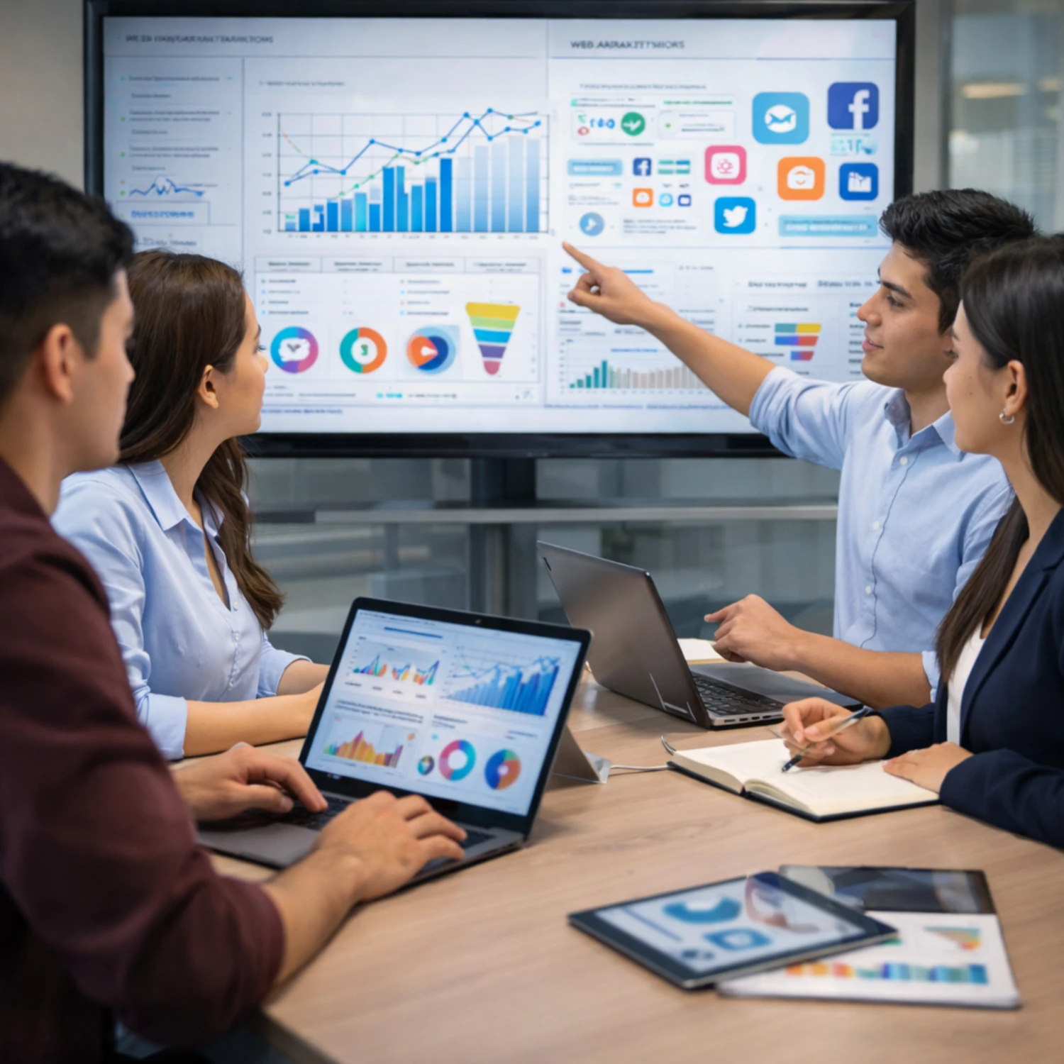 Estudiantes practicando analítica de marketing digital