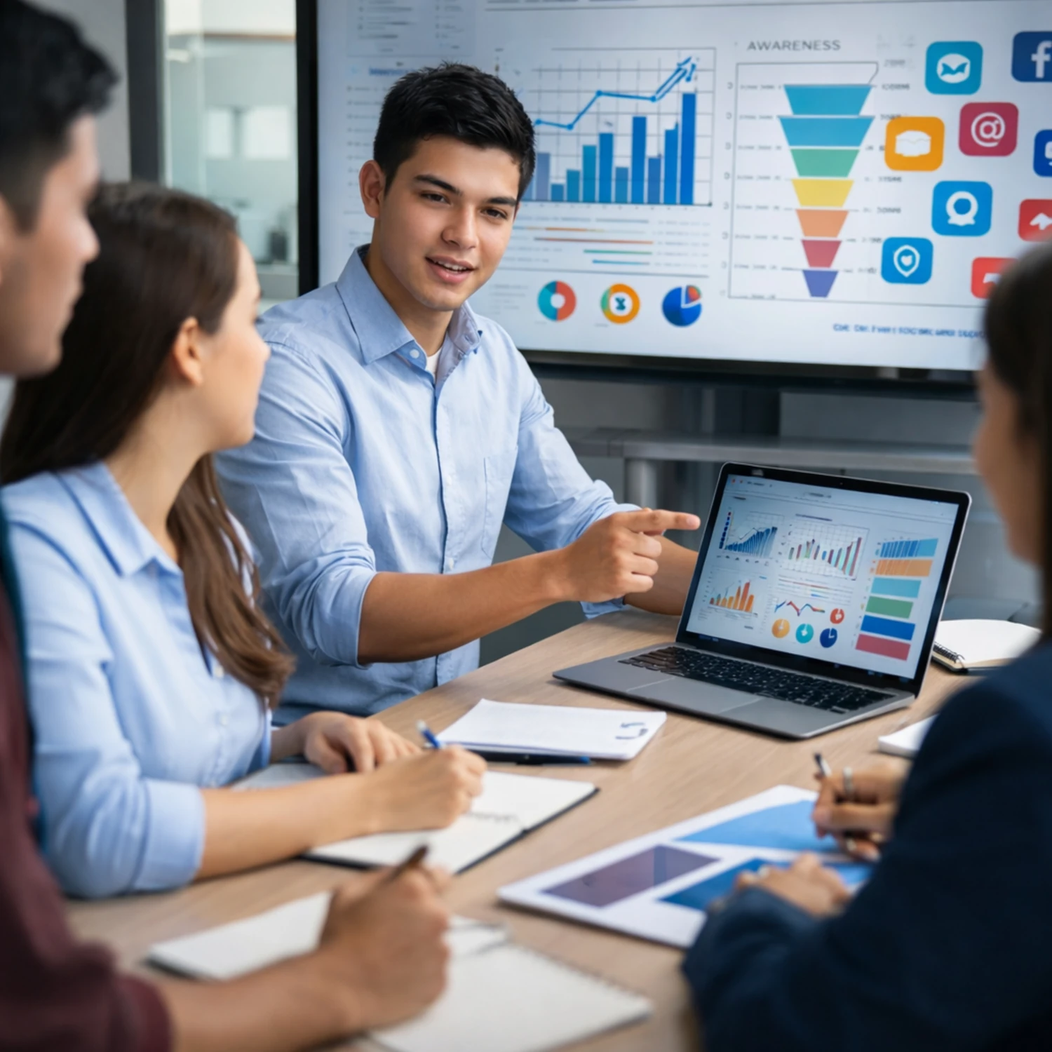 Estudiantes de marketing digital analizando datos en programa de Mercadeo y Ventas